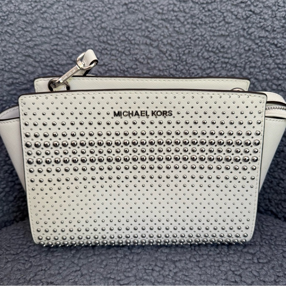 Michael Kors White Studded Clutch with Silver Accents
